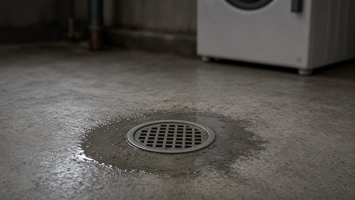 Basement floor drain with water pooled around it next to a washing machine