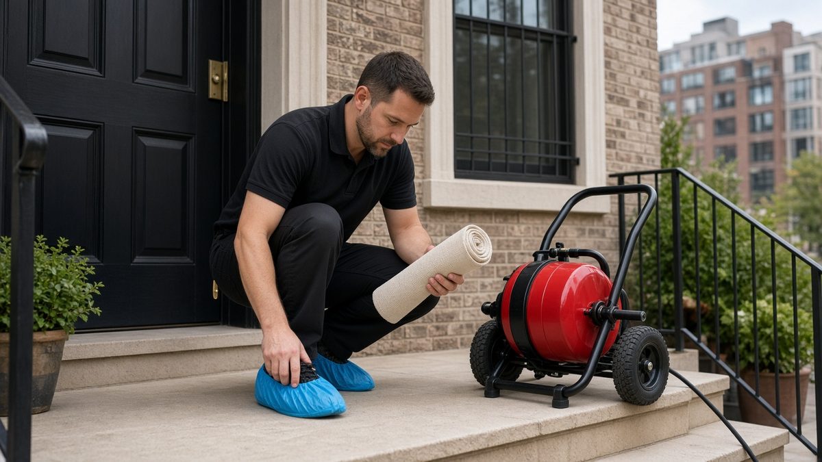 Drain technician putting on shoe covers at the front door, with a drum drain machine beside him