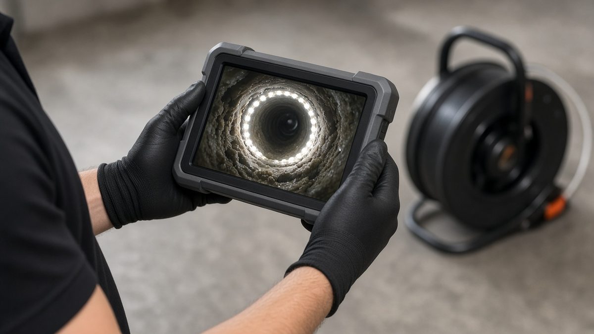 Gloved hands holding a drain inspection camera monitor showing the inside of a pipe