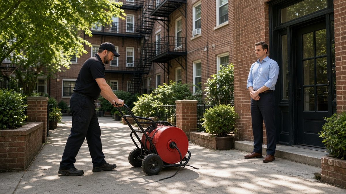 Drain technician wheeling a drum drain machine toward a Chicago apartment building