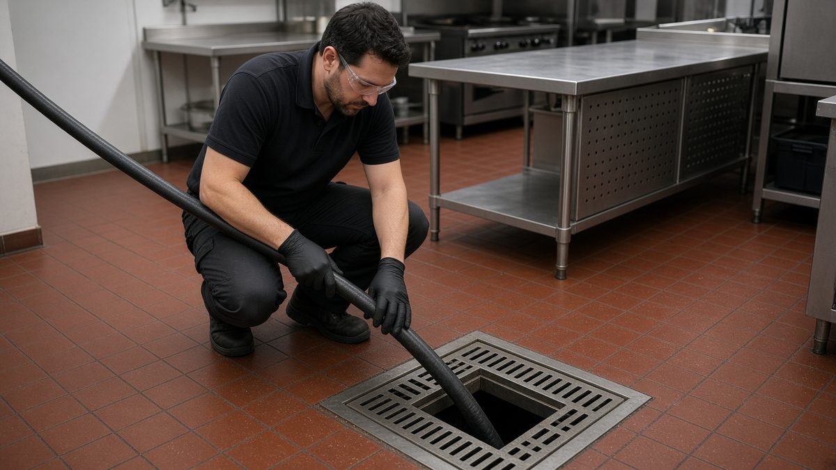 Technician feeding a jetter hose into a commercial kitchen floor drain